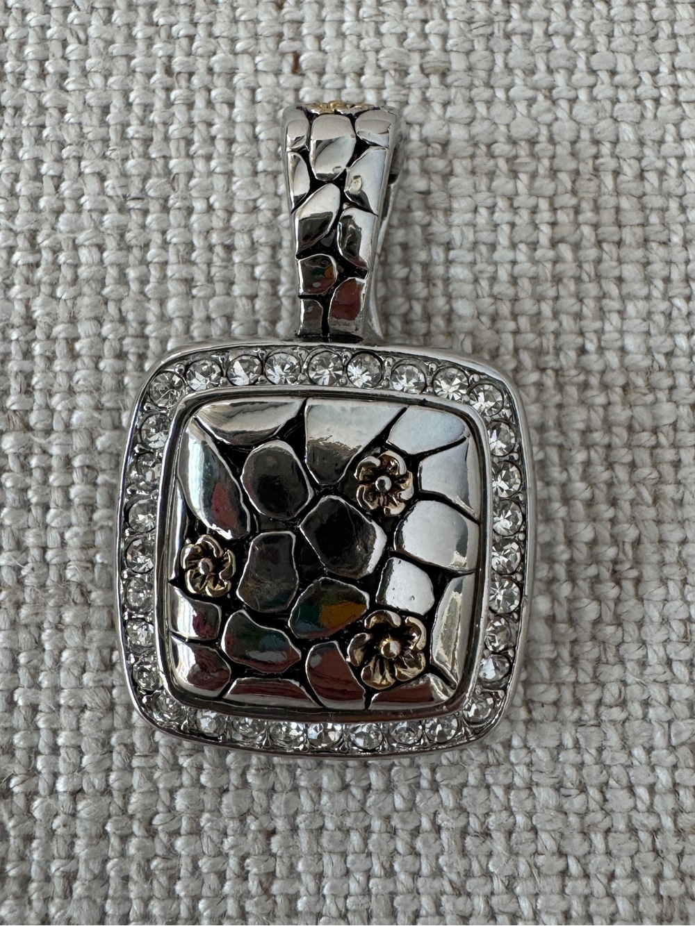 Silver and gold  with cubic zirconia accents Square Pendant